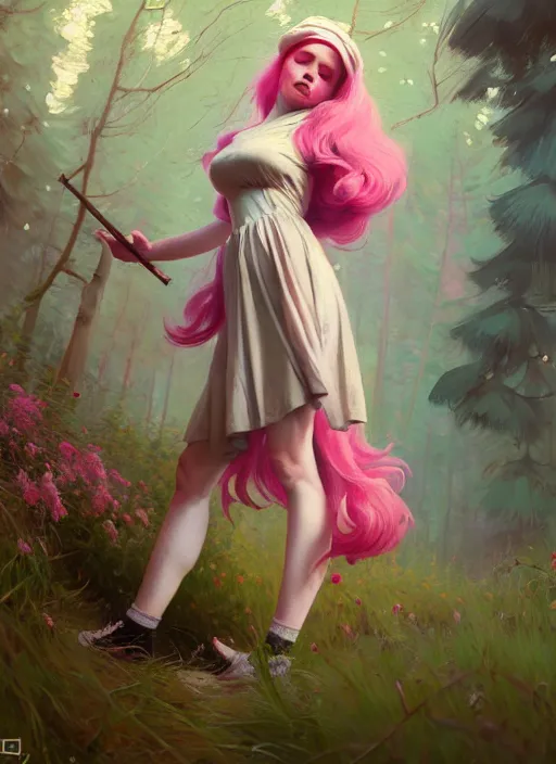 Prompt: whimsical young woman, beautiful girl, full body, pink hair, in a forest, realistic, serov, surikov, vasnetsov, repin, kramskoi, insanely detailed, charlie bowater, tom bagshaw, high resolution, octane rendered, unreal engine, illustration, trending on artstation, masterpiece, 8 k