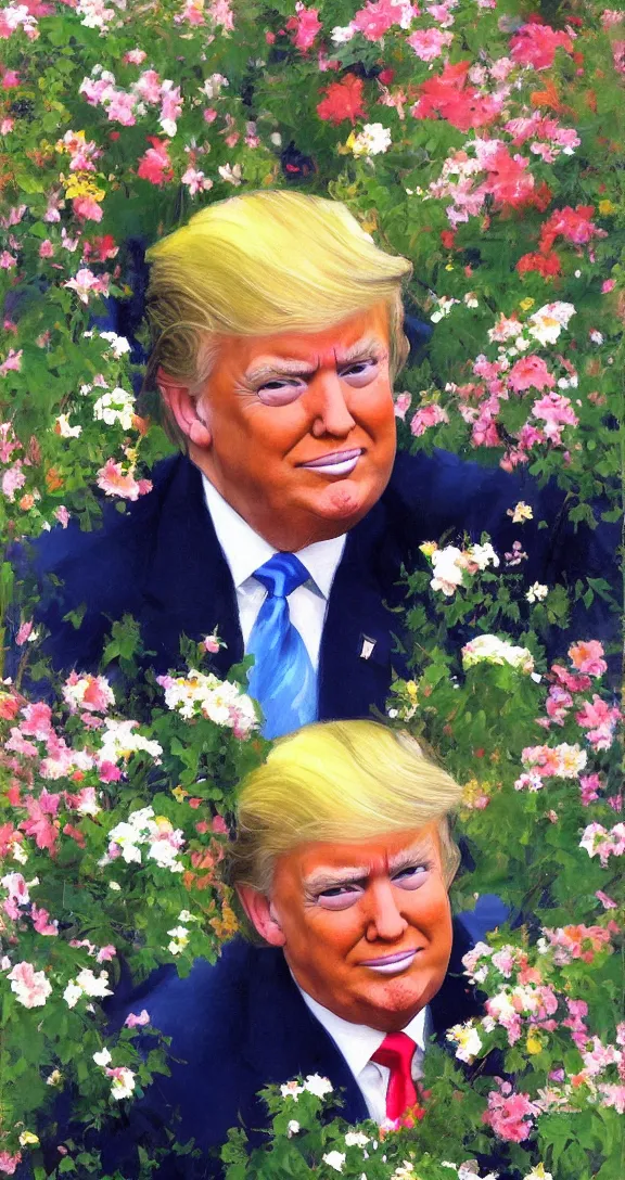 Image similar to romantic detailed portrait of donald trump surrounded by beautiful flowers, by gregory manchess, james gurney, james jean