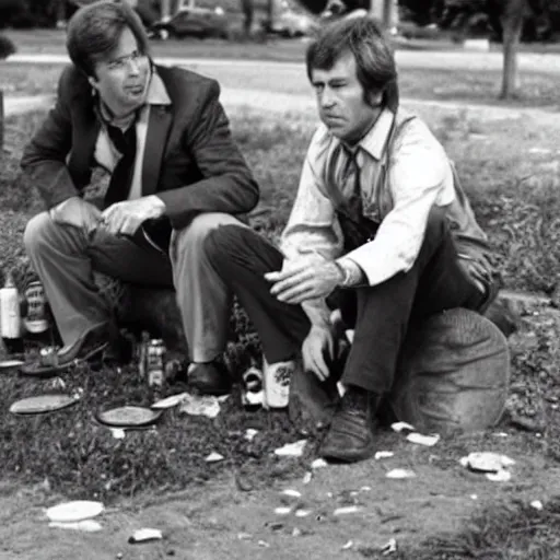 Image similar to kevin tighe and randy mantooth sitting by a dumpster, drinking from beer bottles, there are empty bottles scattered on the ground