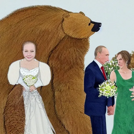 Image similar to Putin in a wedding dress marrying a bear, highly detailed