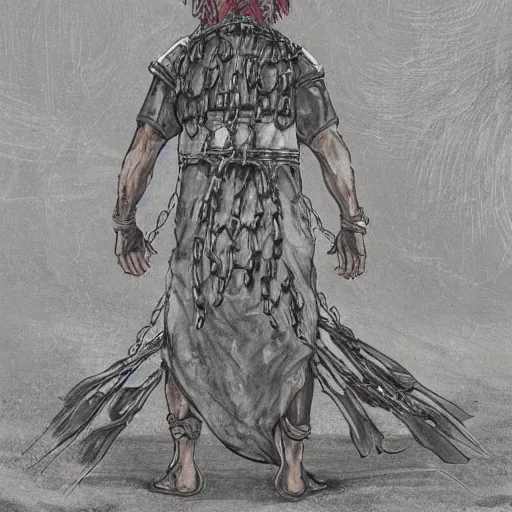 Image similar to A FULL BODY PORTRAIT FROM BEHIND OF MADARA UCHICHA ,THE MAN KEEPS A KUSARIGAMA AND IT IS WRAPPED IN CHAINS ,detailed, concept art, ink style , sketch