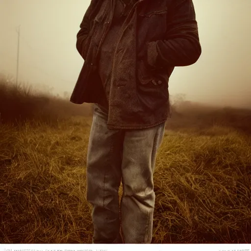 Prompt: medium shot portrait bust of tom hardy sitting on fence, tired expression, faded color film, russian cinema, mario testino, tarkovsky, technicolor, heavy forest, wood cabin in distance, shallow depth of field, long brown hair, old clothing, heavy fog, brown color palette, sunset, low light, hudson river school, 4 k, dramatic lighting
