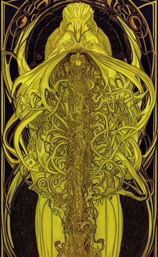 Prompt: Hastur the King in Yellow, art nouveau horror artwork of an eldritch lovecraftian elder god, by alphonse mucha, Adolfo Hohenstein, Alice Russell Glenny, greg rutkowski, 4k, trending on artstation, smooth, sharp focus