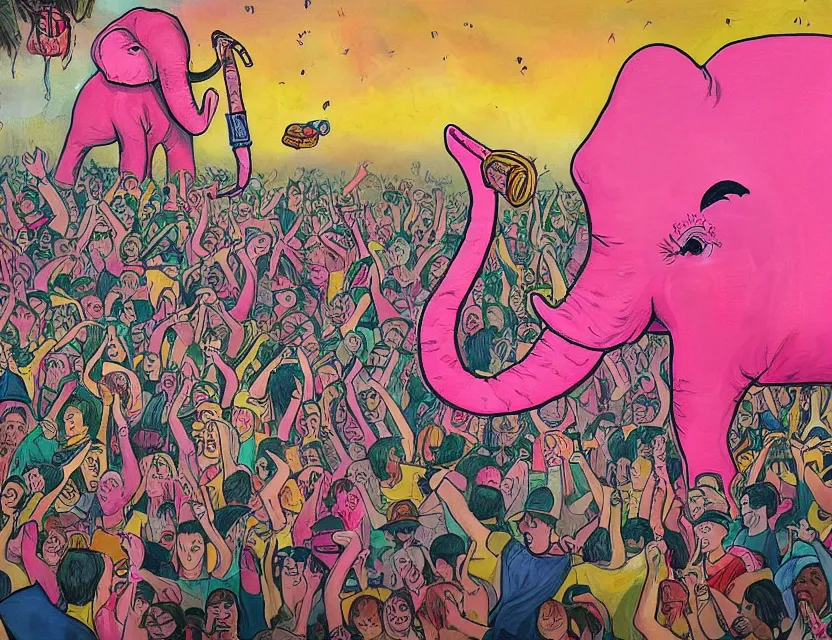 Image similar to a painting of a concert by bananas playing death metal while the public are pink elephants in the sky in the style of artist James Jean