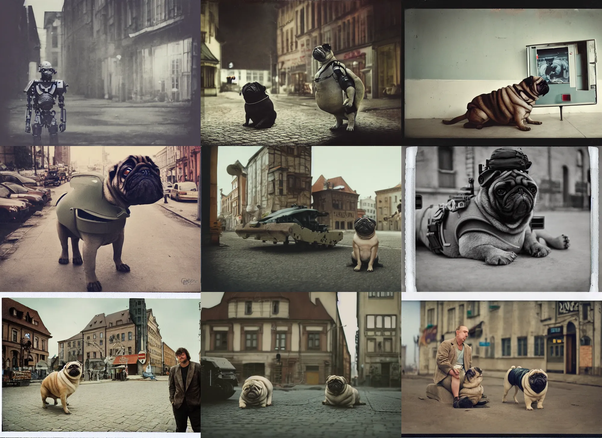 Prompt: oversized pug as cyborg war, in legnica, noon, cinematic focus, polaroid photo, vintage, neutral dull colors, soft lights,, by gregory crewdson