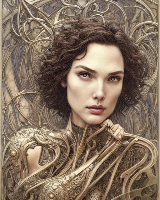 Image similar to in the style of beautiful gal gadot, steampunk, detailed and intricate by jean delville, gustave dore and marco mazzoni, art nouveau, symbolist, visionary, gothic, pre - raphaelite