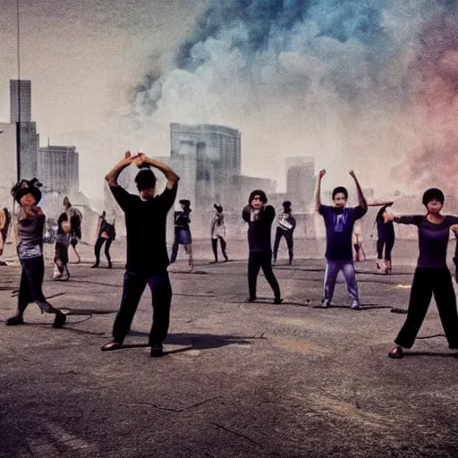 Prompt: realistic picture, post apocalyptic city on fire in the background, group of people practicing tai chi in the foreground