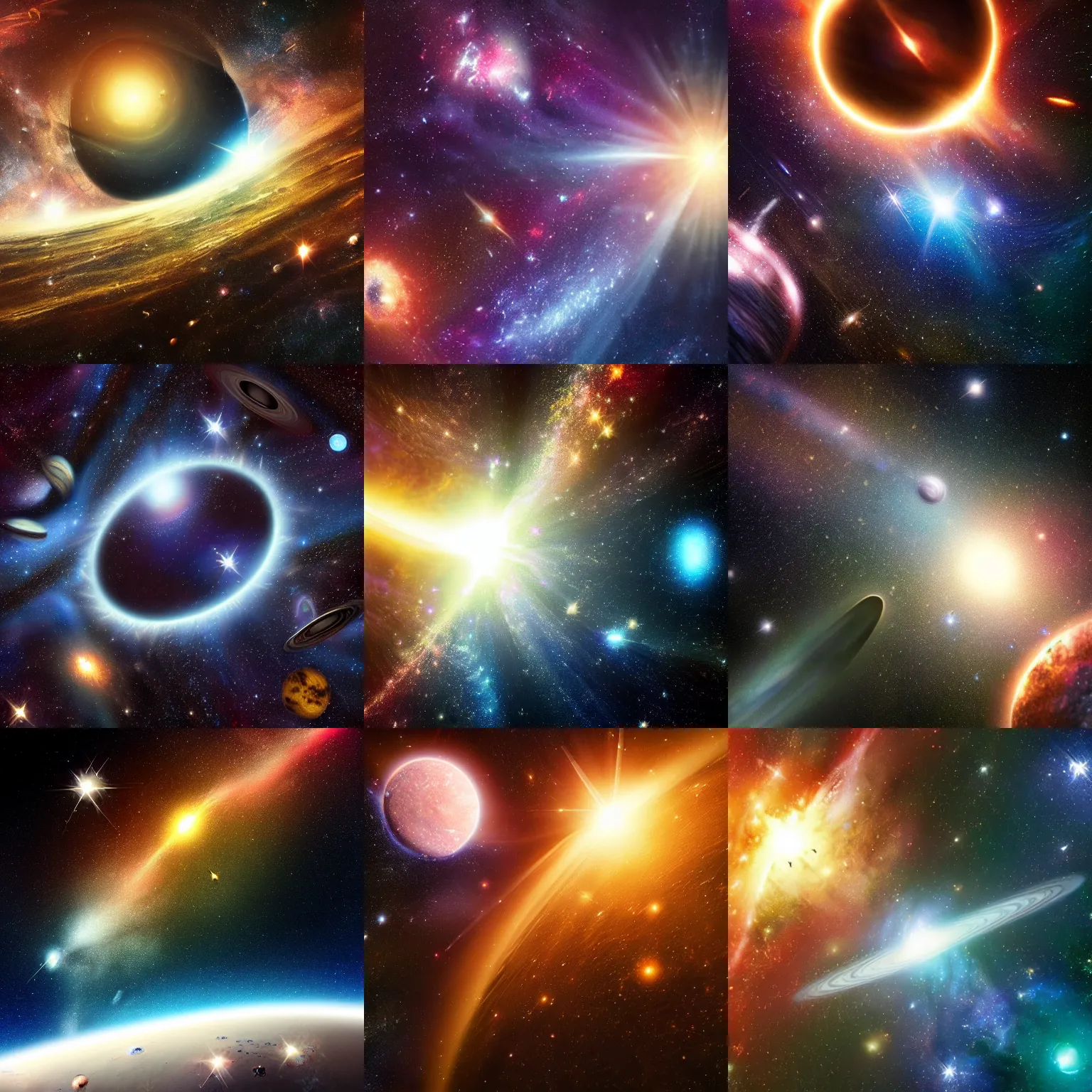Prompt: Massive dark epic space scene with tiny point source stars of different colors, Hubble deep field background, rich powerful intricate detailed realistic artistic, planets with megastructures on them, lens flares