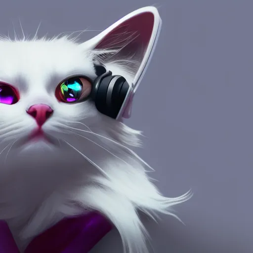 Image similar to White cat with dark pink eyes who is gaming with a headset on, hyperdetailed, artstation, cgsociety, 8k