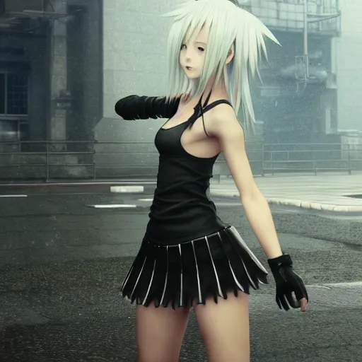 Prompt: beautiful anime girl in the style of final fantasy 7, wearing a skirt and a tanktop, perfect body, standing in the rain, high quality anime art, trending on artstation, 8K octane render, wallpaper