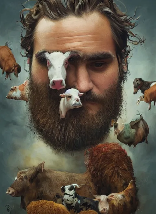 Image similar to a hyper detailed painting of joaquin phoenix surrounded by animals, cow, pig, sheep, chicken, horror, by anna podedworna, by miklos ligeti, by diego maricato, by taran fiddler, by antonino truisi, by chris reddie, by jinsung lim, trending on artstation