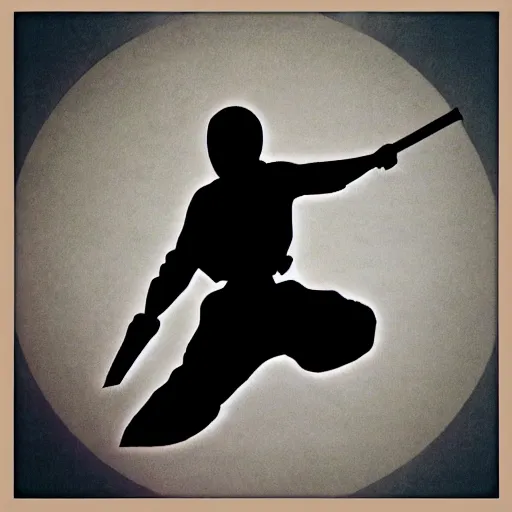 Image similar to tattoo design, stencil, a ninja jumping in the air with a sword