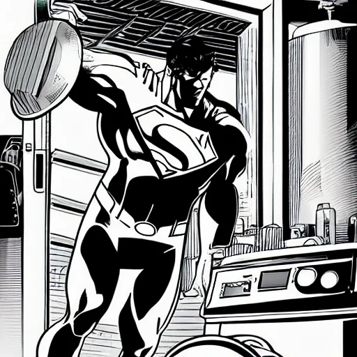 Prompt: digital 2d illustration, a tired Superman hunched over next to a washing machine while he does laundry, clear face, high detail comic book art, atmospheric lighting, moody colors, by Ed McGuinness