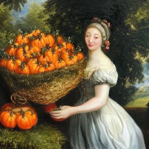 Prompt: A female gardener gets surprised by an avalanche of little pumpkins. high detail. Rococo painting