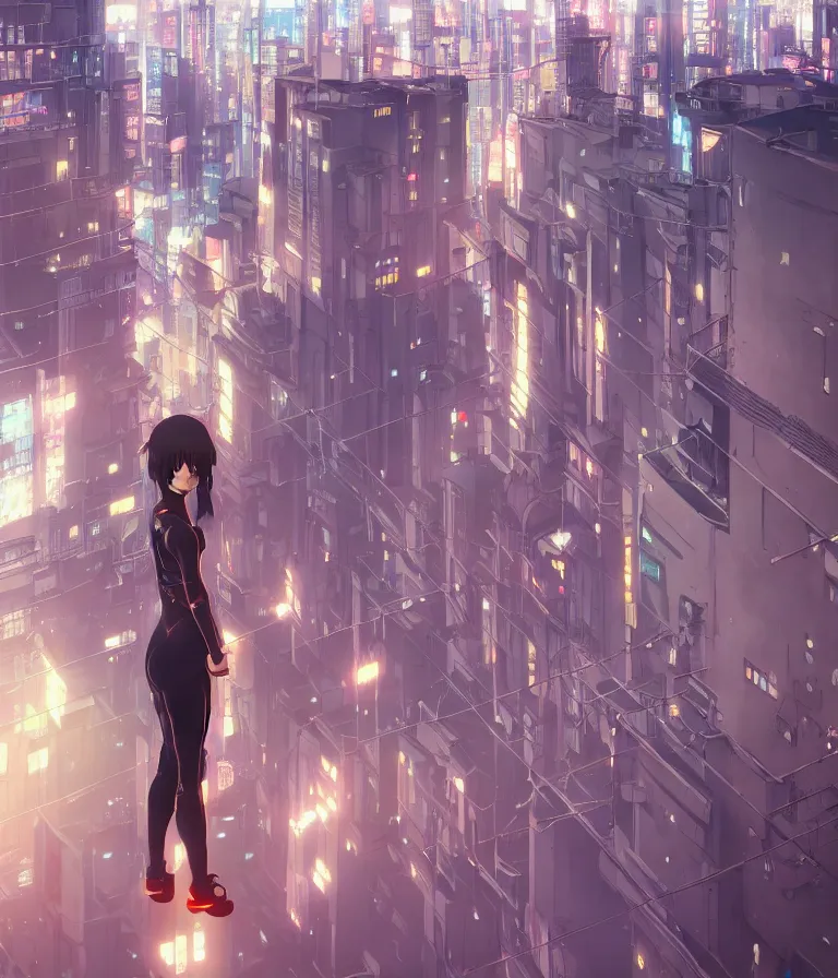 Image similar to a girl stands on top of a multi-storey building, anime style, 4k, cyberpunk city in the background, HD, artstation, very detailed, by Ilya Kuvshinov