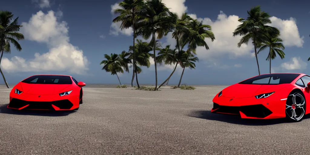 Prompt: red Lamborghini huracan!, unreal engine 5!, hyperrealistic!, cinema 4D!, dynamic lighting! Beach! Tropical paradise!, cinematic landscape!, studio landscape! Amazing ultra quality! Substance painter!