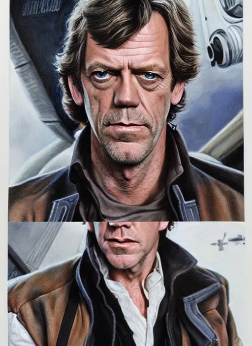 Image similar to portrait of hugh laurie as han solo in star wars, wearing han solos cloth, a black vest and white shirt, hyperrealistic, very detailed painting by glenn fabry, by joao ruas, by artgerm