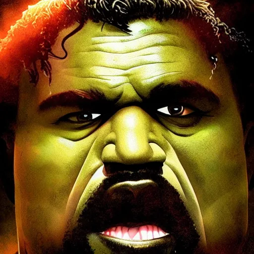 Image similar to Portrait of Kanye West as the Hulk, angry, amazing splashscreen artwork, splash art, head slightly tilted, natural light, elegant, intricate, fantasy, atmospheric lighting, cinematic, matte painting, by Greg rutkowski