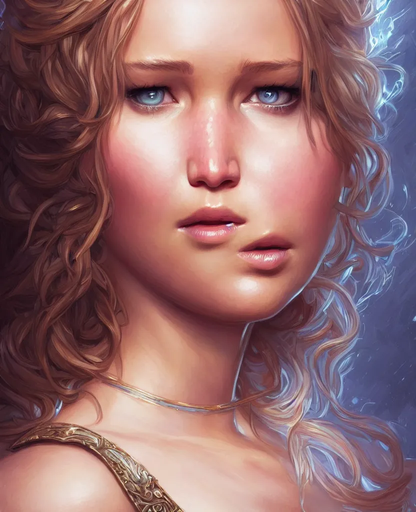 Image similar to Jennifer Lawrence, closeup, D&D, fantasy, intricate, elegant, highly detailed, digital painting, artstation, concept art, matte, sharp focus, illustration, hearthstone, art by Artgerm and Greg Rutkowski and Alphonse Mucha