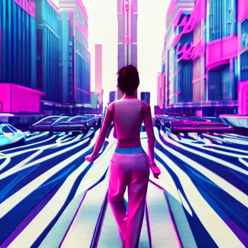 Prompt: a woman walking through a synthwave city, intricate artwork by tooth wu and wlop and beeple, octane render, hyper realism, 8 k