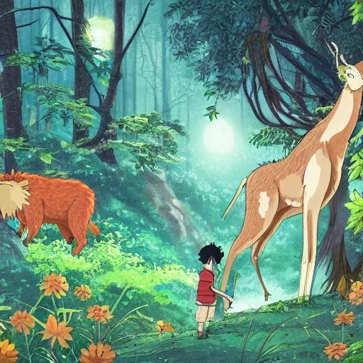 Prompt: wild animals with friendly boy in the night in the forest in ghibli style, smooth, anime 8k, detailed face, flowers, clean, detailed face, detailed animal,