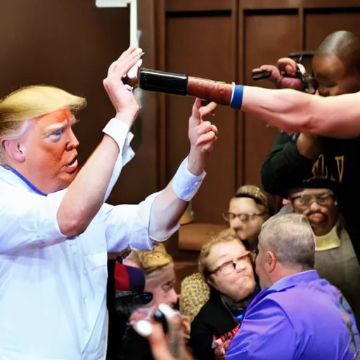 Image similar to donald j. trump shooting chocolate pudding from his hands onto liberals, chocolate pudding spraying from hands