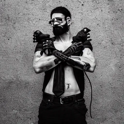Image similar to bust portrait of handsome proud man with short black hair with some grey hair, very short full beard warrior, cyberpunk, fashion editorial photography, neon color scheme, waist up, low angle