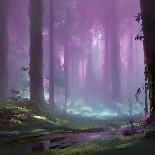 Prompt: concept art painting of a mystical alien fantasy forest, with fog and strange colorful plants, realistic, detailed, cel shaded, in the style of makoto shinkai and greg rutkowski and james gurney