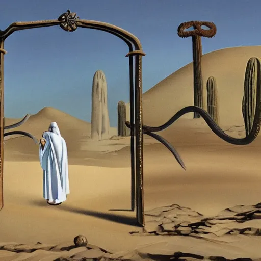 Prompt: a gate in the middle of a desert oasis, with a alchemist standing in front of it with white robes, drawn in the style of dali