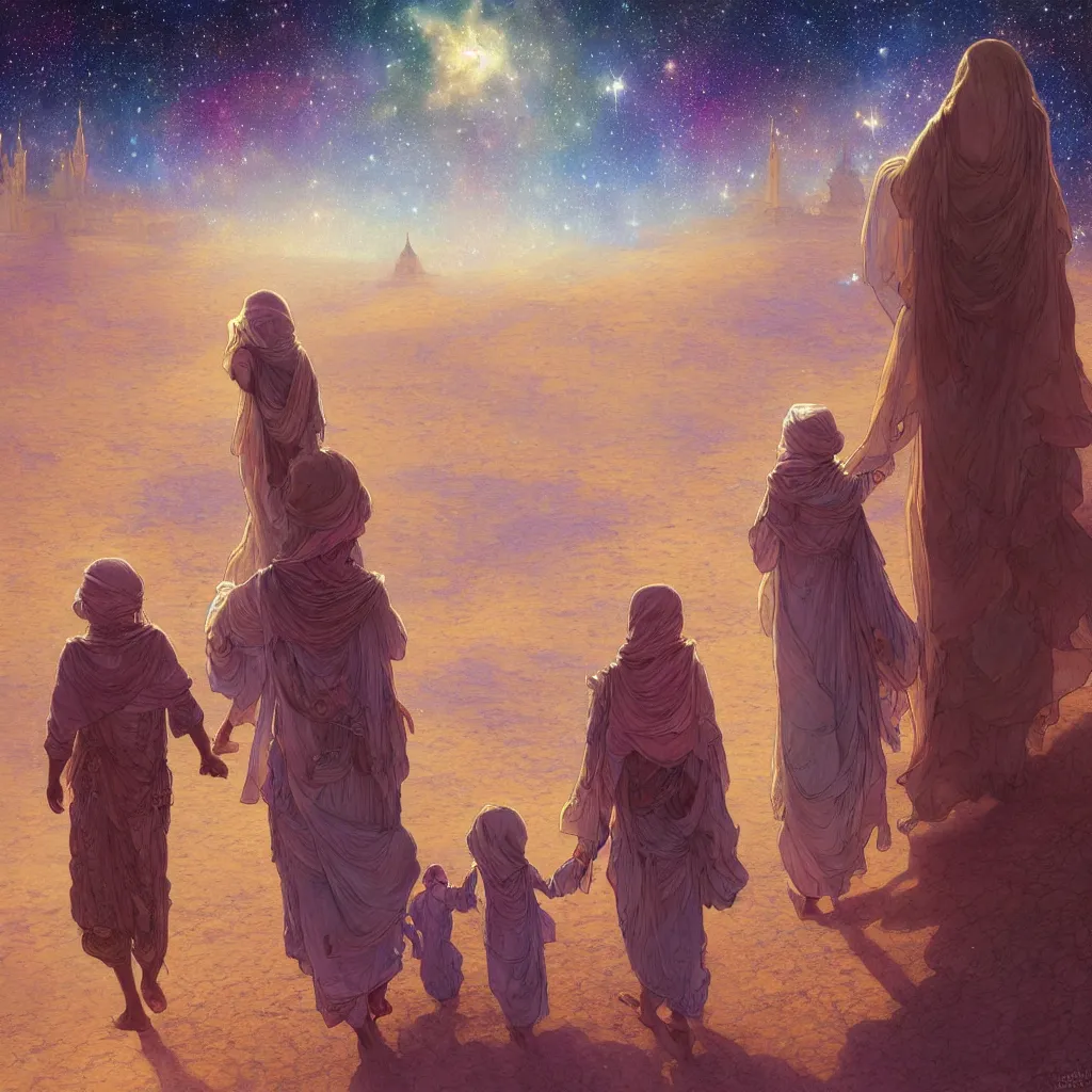 Image similar to bedouin man and woman and child in galaxy walking towards mosque surrounded by nebula, highly detailed, gold filigree, romantic storybook fantasy, soft cinematic lighting, award, disney concept art watercolor illustration by mandy jurgens and alphonse mucha and alena aenami, pastel color palette, featured on artstation