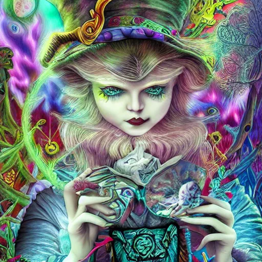 Prompt: dark fantasy, 4 k, textured 3 d, intense detail, psychedelic, alice in wonderland, white rabbit, mad hatter, amazing background, alex grey style