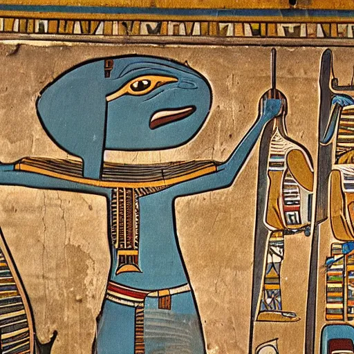 Prompt: a small frog standing on two feet at the hotel reception entry, ancient egyptian mural