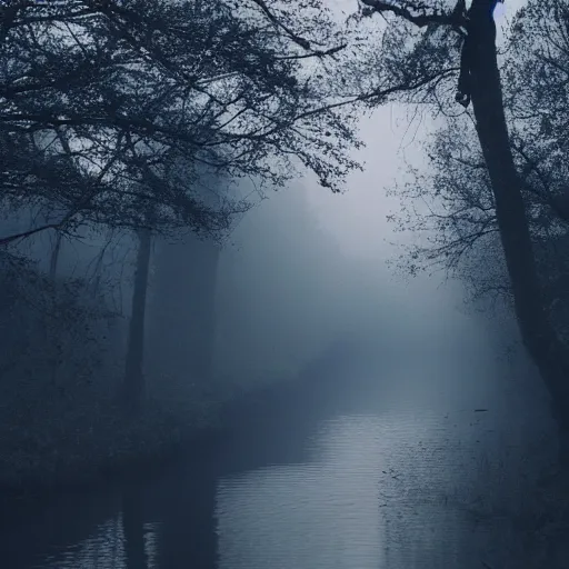 Image similar to a shiny long river in a dark forrest, creepy eyes behind the trees, cinematic ligthing