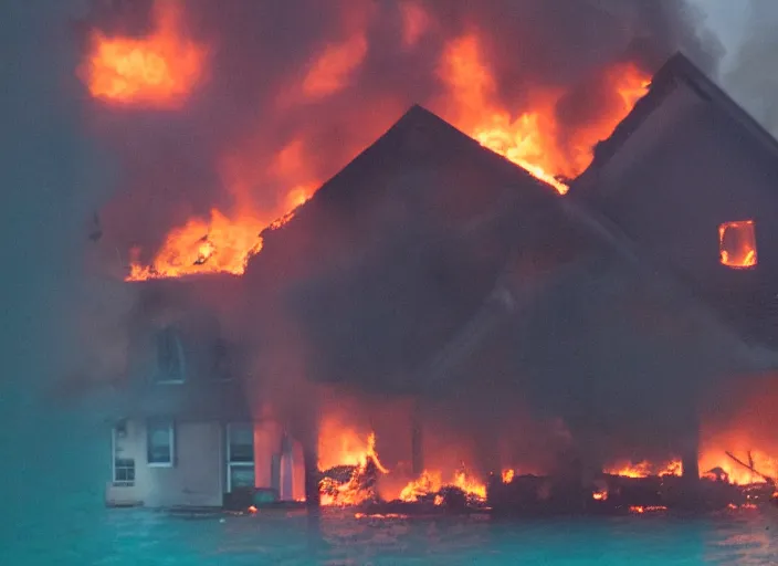 Prompt: dslr photo still of a house on fire under the water under water at the bottom of the ocean, 8 5 mm f 1. 8