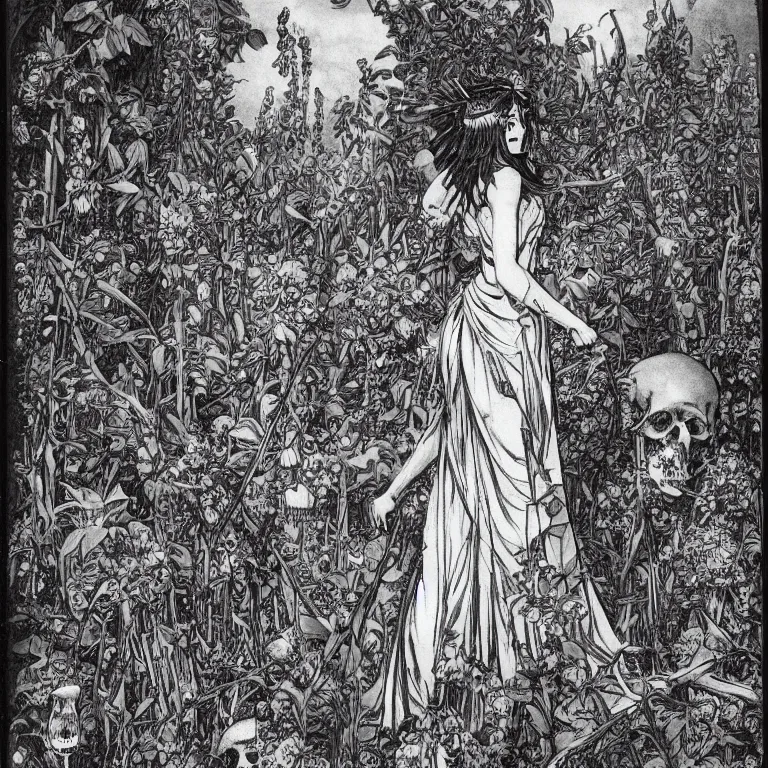 Prompt: an illustration from 1 8 9 9 of a young goddess peering from behind an enormous conical pile of skulls with huge flowers on tall stalks behind her, manga style of kentaro miura