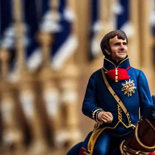 Image similar to macro photo of emmanuel macron dressed as napoleon, tilt shift, photography, telephoto lens, canon, nikon, focus