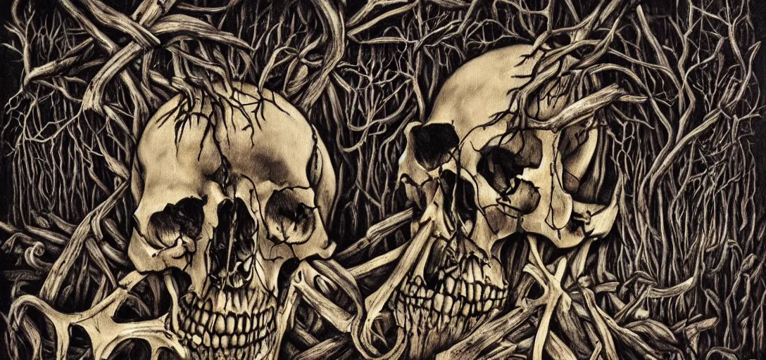 Image similar to A horror painting of a dark fantasy forest, skulls, bones, pain, agony, sorrow