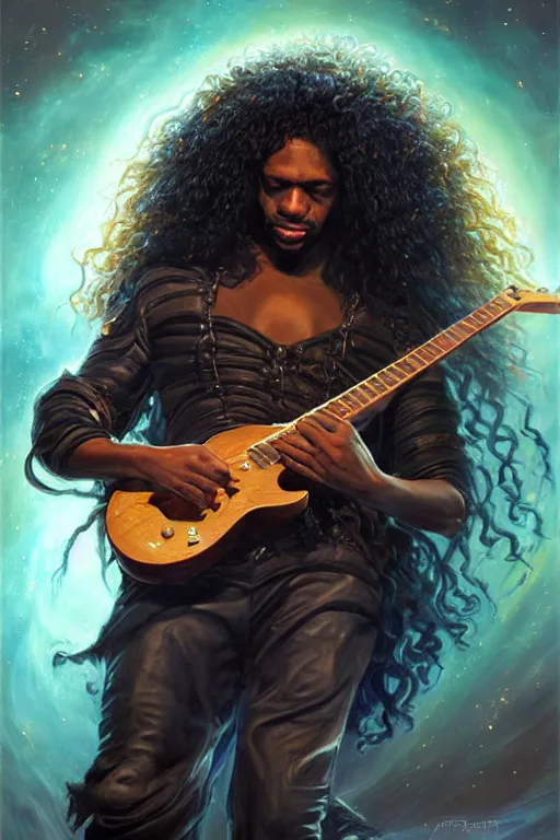 Image similar to beautiful oil painting with high detail of a wise black guitarist with long curly hair made of stars and plasma, hybrid from dungeons and dragons and art direction by James Cameron ;by artgerm; wayne reynolds art station; cinematic quality character render; low angle; ultra high quality model; production quality cinema model; flair