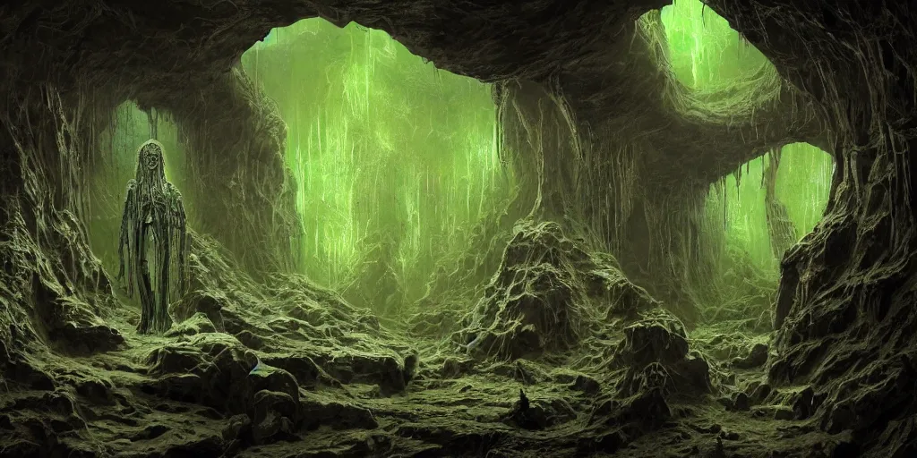 Prompt: a highly detailed matte painting of an emaciated neimoidian duros mummy in a ribbed h. r. giger cave filled with glowing green fire, ominous, foreboding, dark, trending on artstation,