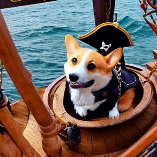 Prompt: a pirate corgi, corgi on a pirate ship in the sea