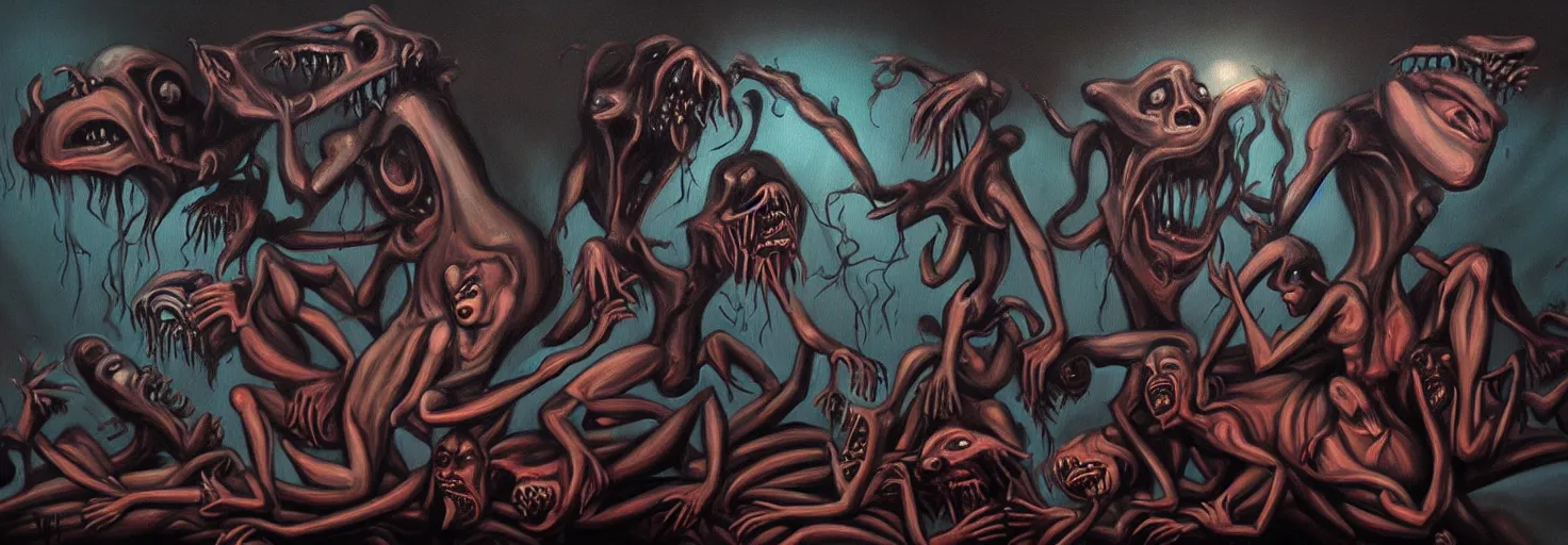 Prompt: visceral creatures from the darkest depths of collective unconscious, dramatic lighting, 1 9 3 0 s fleischer cartoon characters, wild emotional expressions - surreal painting by ronny khalil