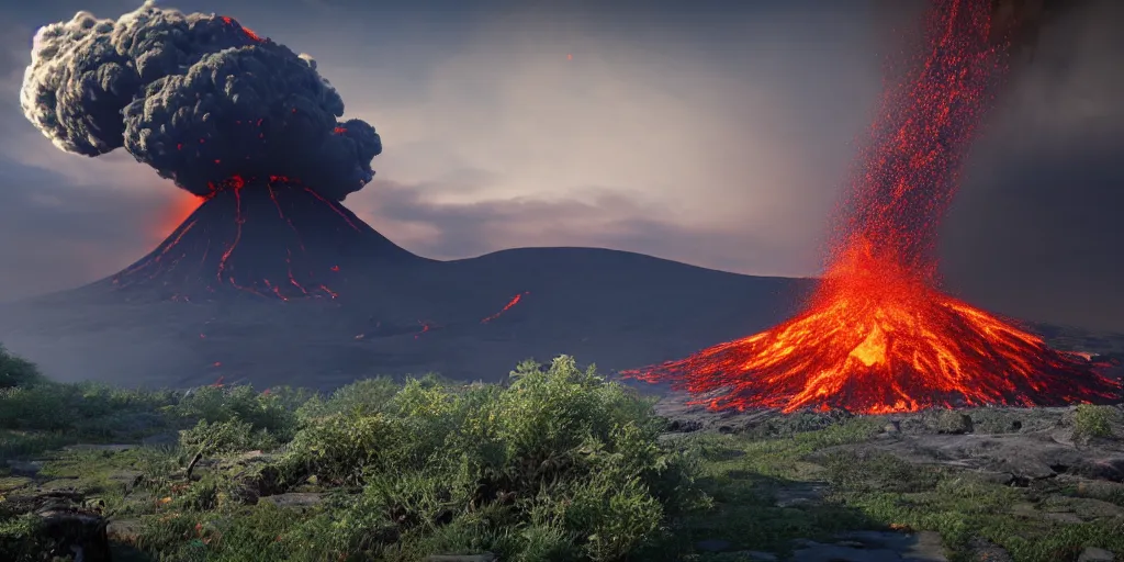 Image similar to stunning landscape, volcano eruption, 8 k uhd, unreal engine, octane render in the artstyle of kuindzhi