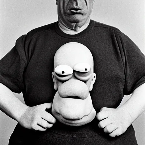 Prompt: portrait of a Homer Simpson impersonator by Diane Arbus, 88mm, black and white