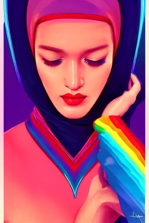 Image similar to 🧕🏽🌈, 8 0 s art deco, artstation, moebius + artgerm, hd,