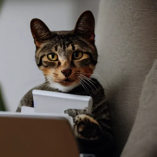 Image similar to an anthropomorphic cat looking up cat videos on a computer using mouse with paw, 85mm f1.8