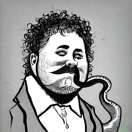 Image similar to hyperreal morbidly obese 2000kilo snake oil salesman wearing authentic purple green sip tech cowboy augmentation and curly snake moustache, fat man standing in front of blank background