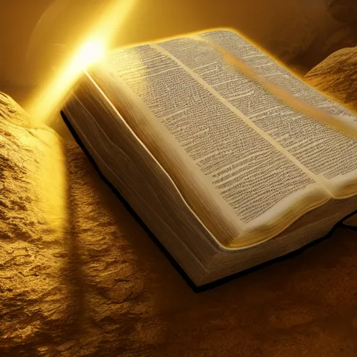 Image similar to photorealistic Bible, on a rock, heavenly light shining onto it, golden light, aura, cgsociety, artstationhq, digital art, detailed