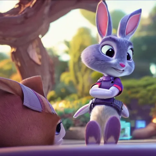 Image similar to maxim playboy judy hopps standing pin - up. zootopia ( 2 0 1 8 ). pixar studios official media. cinematic still. xenomorph.