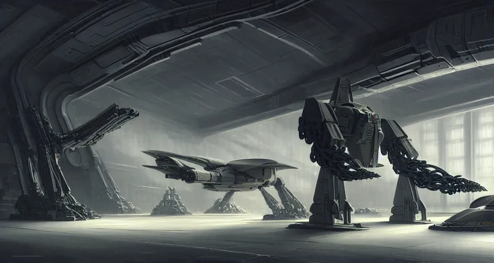 Image similar to hyper realistic sci - fi matte concept art painting of mecha in a starship hanger, starship in background, beautiful details, strong composition painted by kim jung guweta studio rutkowski, james gurney and greg rutkowski, and lucasfilm, smooth, intricate, detailed, sharp focus, cinematic