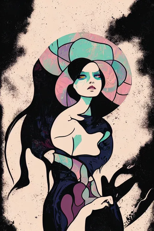 Image similar to vector style the abstract painting of an image of a lady artistic flat illustration, goth punk minimal figure art, soft colors mono chromatic, art in the style of Ross Tran and Greg Rutkowski and Alphonse Mucha